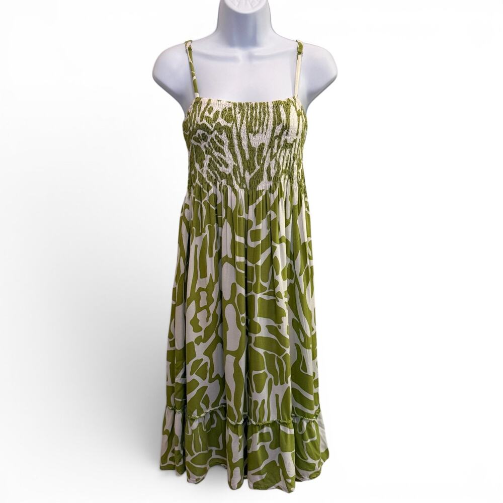 Divah Green White Cami Dress Size M Knee Length Smocked Y2K Fairy Whimsy Boho